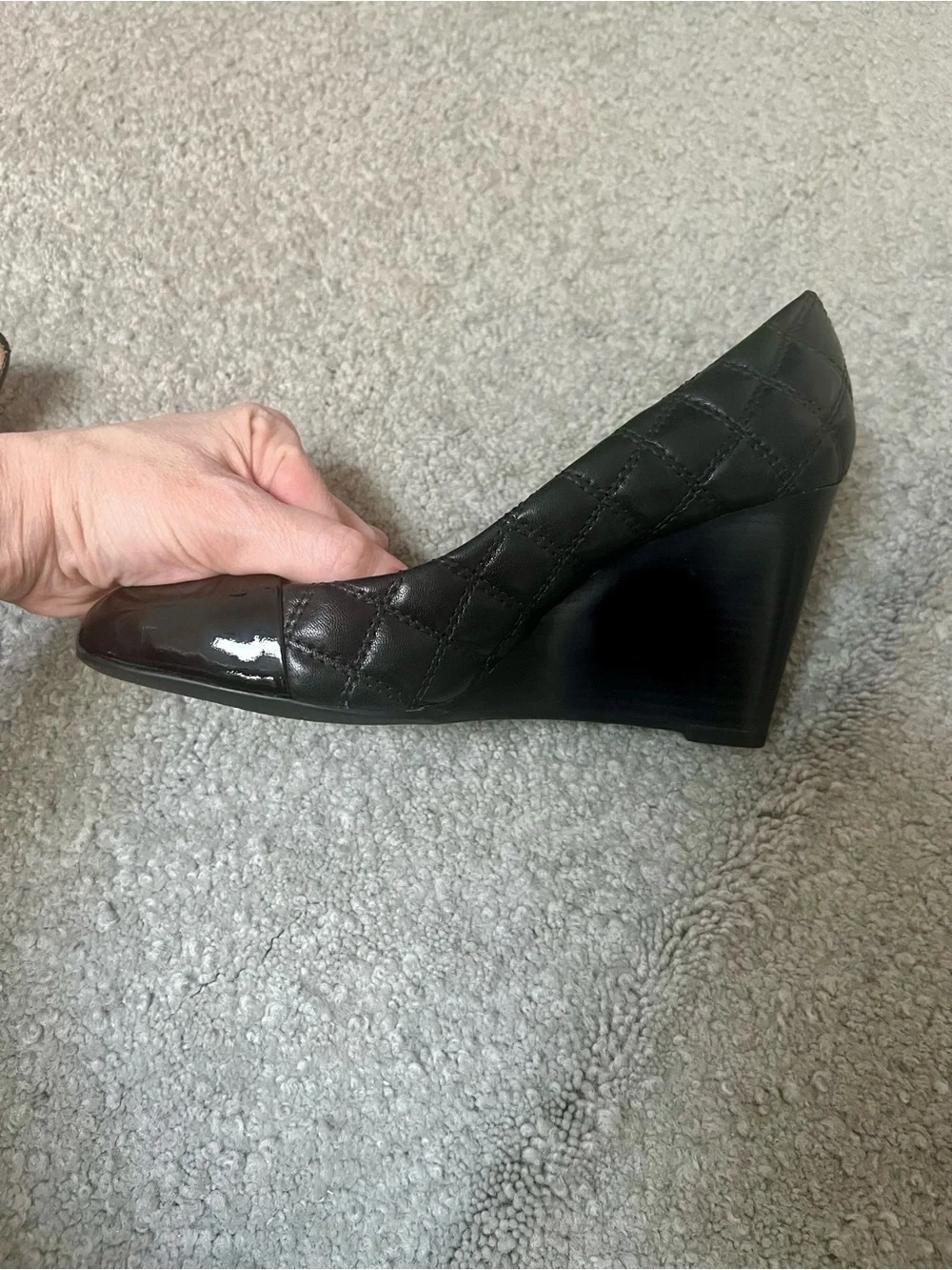 Tory Burch Quilted Patent Cap-Toe Wedge Pumps-Black- 8M